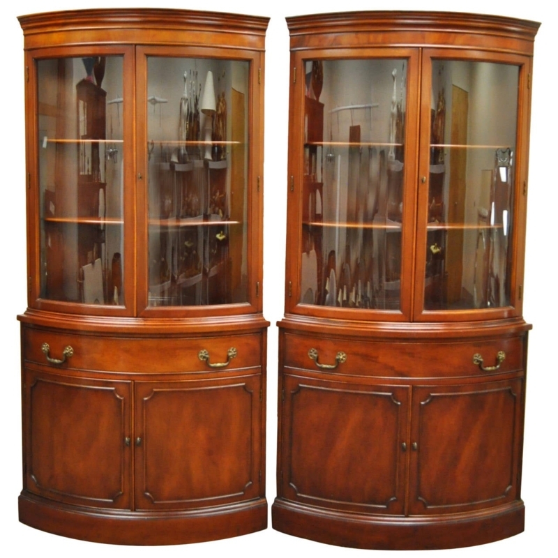 Pair of 1940s Mahogany Curved Glass Corner Cabinets