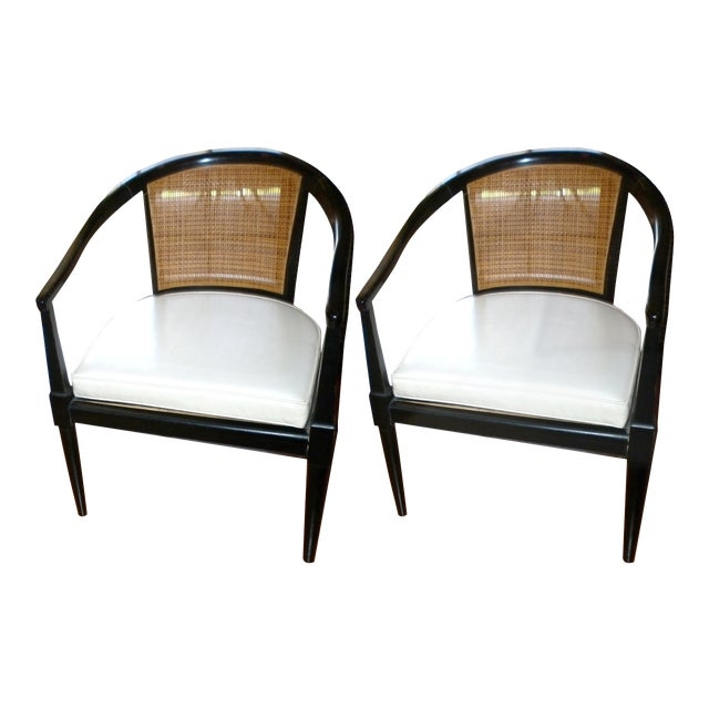 Pair of Black Lacquered Cane Armchairs with White Cushions