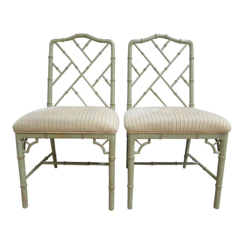Pair of Faux Bamboo Dining Chairs with Upholstered Seats