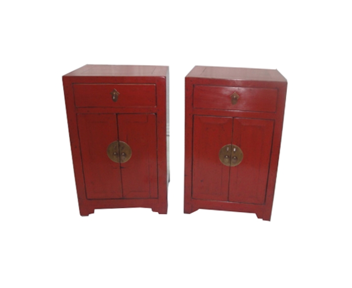 Pair of Red Chinese Square-Corner Cabinets