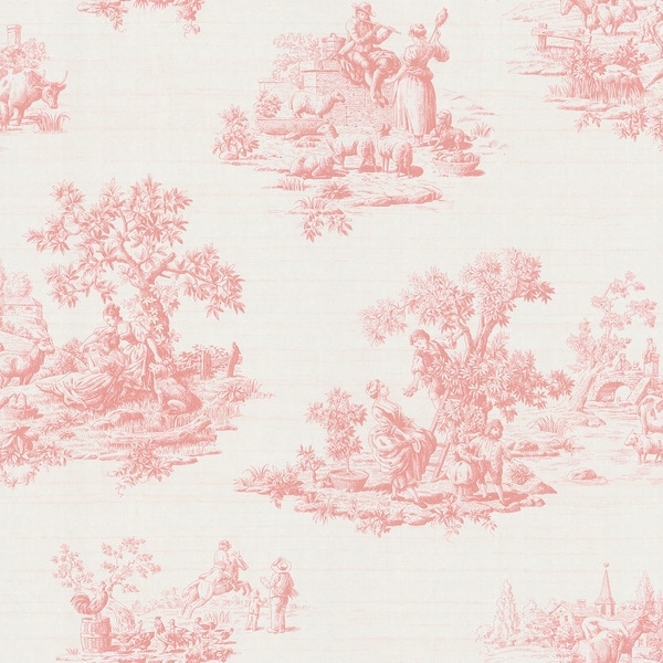 Pink Vintage Toile Wallpaper with Romantic Scene
