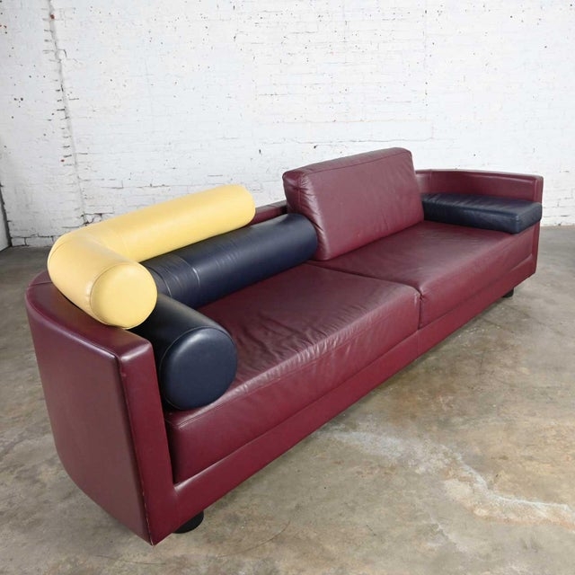 Postmodern Italian Maroon Leather Sofa with Colorful Cushions