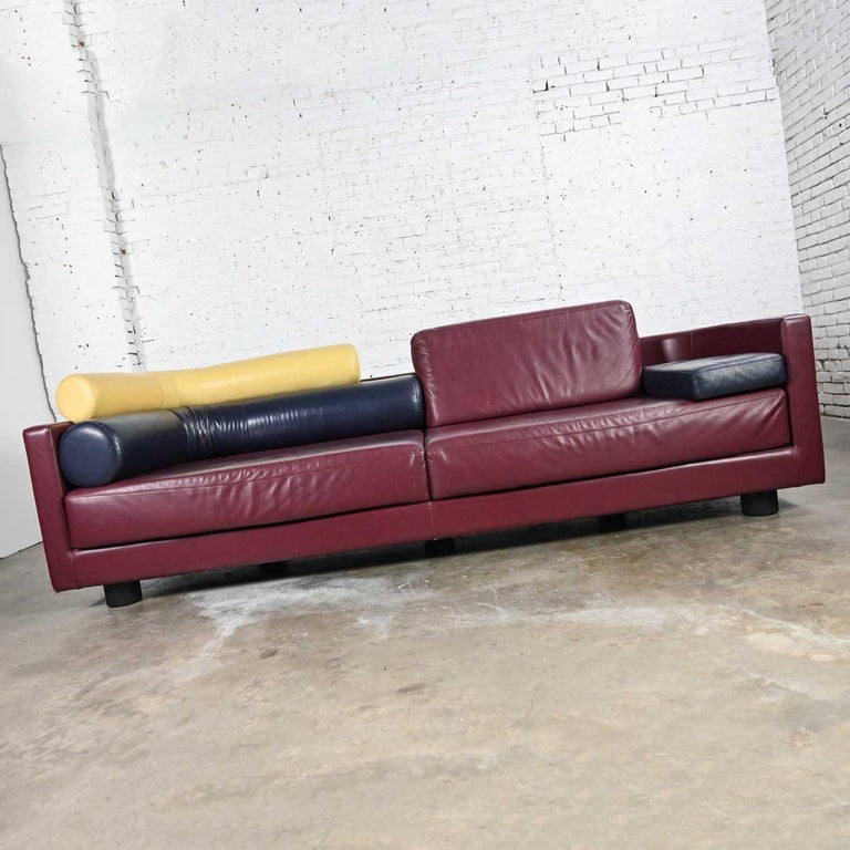Postmodern Maroon Italian Leather Sofa with Colorful Cushions
