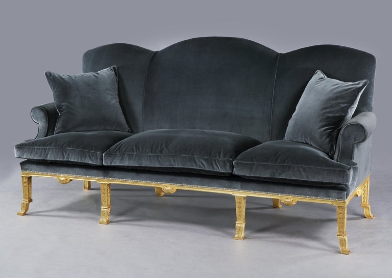 Queen Anne Style Giltwood Sofa with Velvet Upholstery