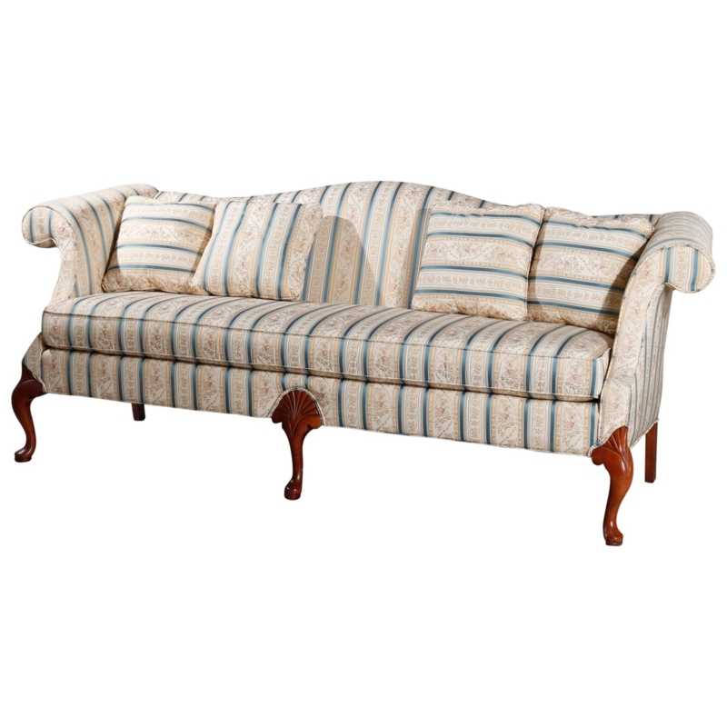 Queen Anne Style Mahogany Sofa with Striped Upholstery