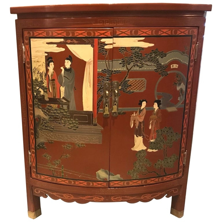 Red Lacquer Chinoiserie Corner Cabinet with Painted Detail
