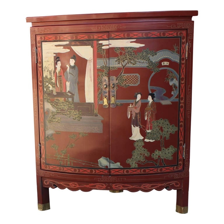 Red Lacquer Chinoiserie Corner Cabinet with Painted Detailing