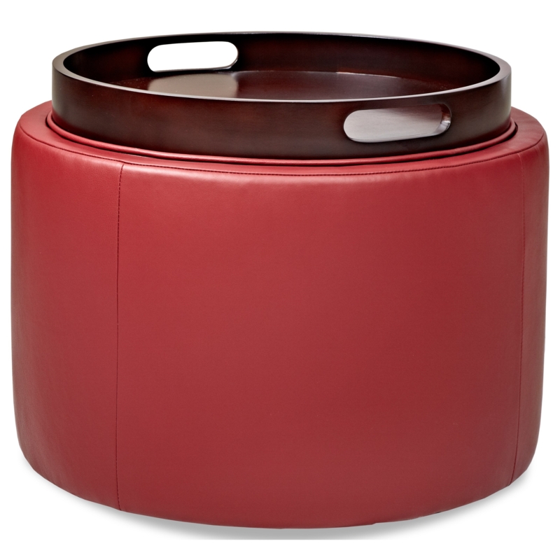 Red Leather Round Storage Ottoman with Wooden Tray