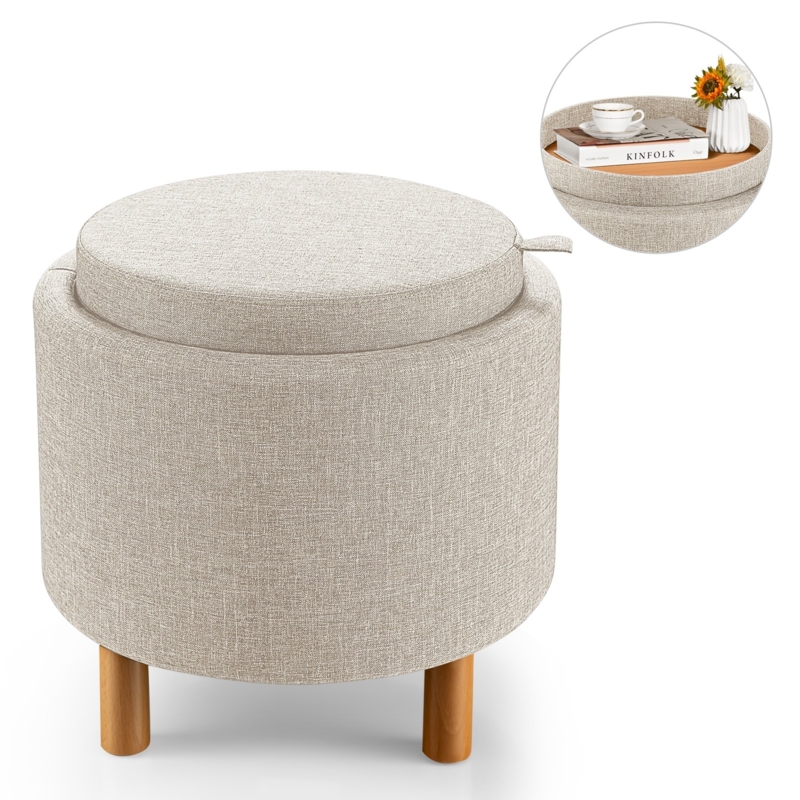 Round Beige Storage Ottoman with Wooden Legs