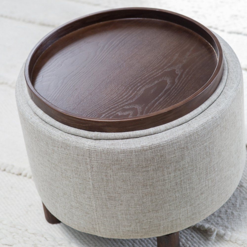 Round Storage Ottoman with Walnut Cocktail Tray