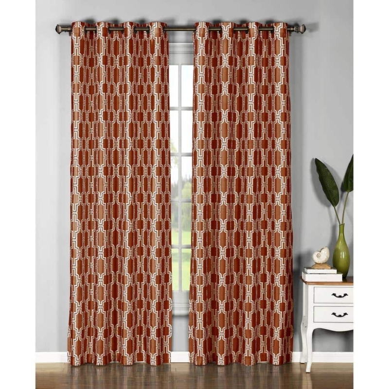 Rust Geometric Faux Silk Grommet Curtains