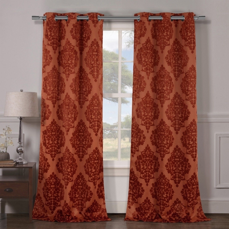 Rust Orange Damask Scroll Curtains with Grommet Tops
