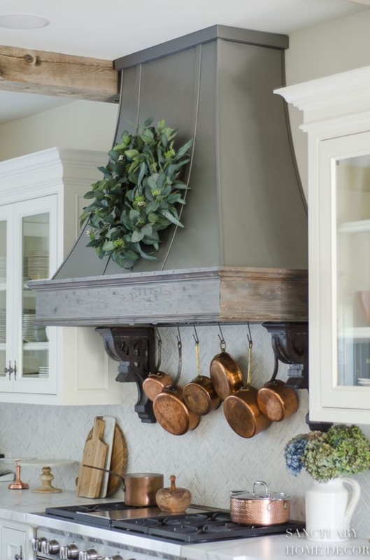 Rustic Farmhouse Range Hood with Copper Pots