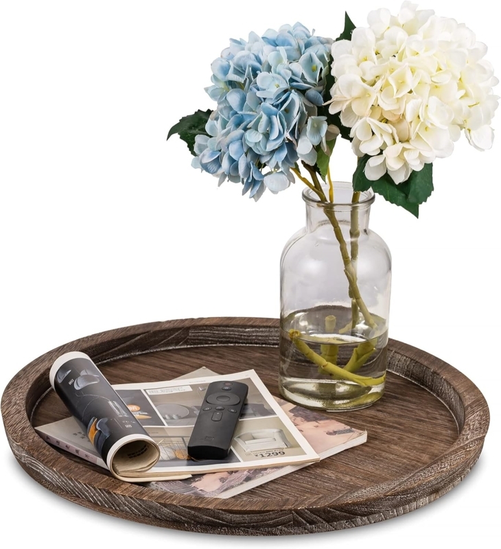 Rustic Large Round Wooden Ottoman Tray with Flowers