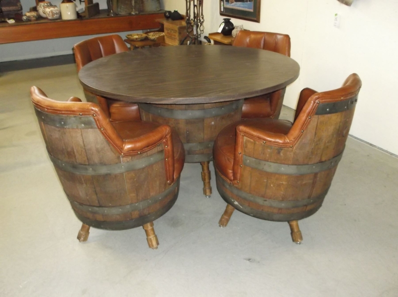 Rustic Leather Padded Barrel Chairs with Round Table