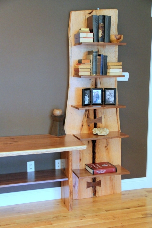 Rustic Live Edge Oak Slab Bookcase with Built-In Desk