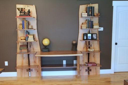 Rustic Live Edge Oak Slab Bookcase with Built-In Desk