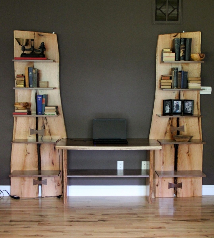 Rustic Live Edge Oak Slab Bookcase with Built-In Desk