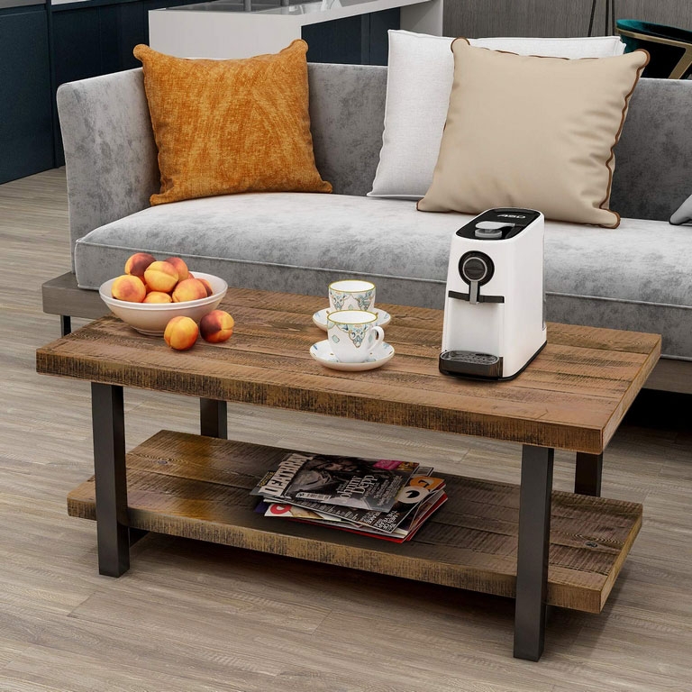Rustic Narrow Wooden Coffee Table with Metal Legs