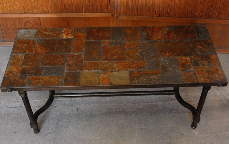 Rustic Slate Coffee Table with Iron Legs
