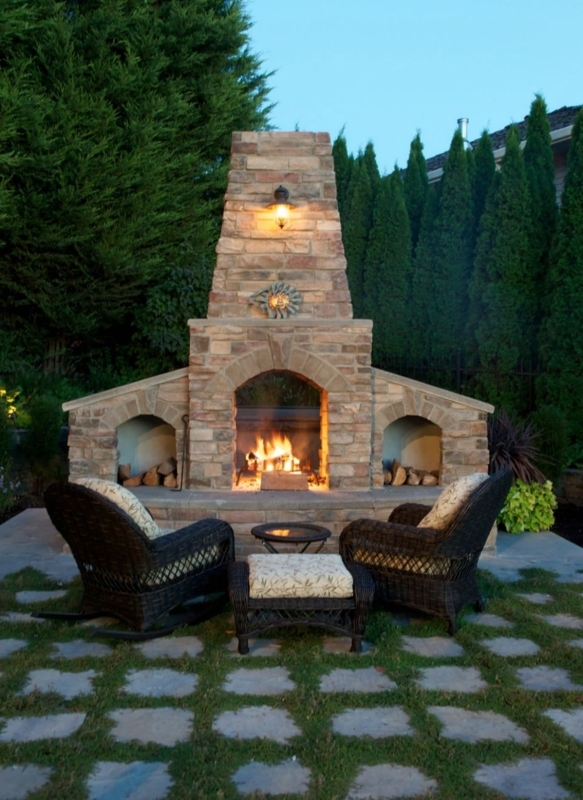 Rustic Stone Outdoor Fireplace with Cozy Seating