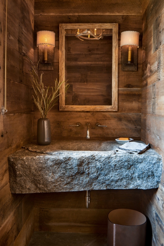 Rustic Stone Sink with Warm Wooden Bathroom Walls