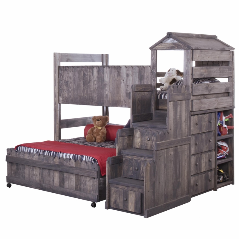 Rustic Twin-Full Loft Bed with Stairway Storage
