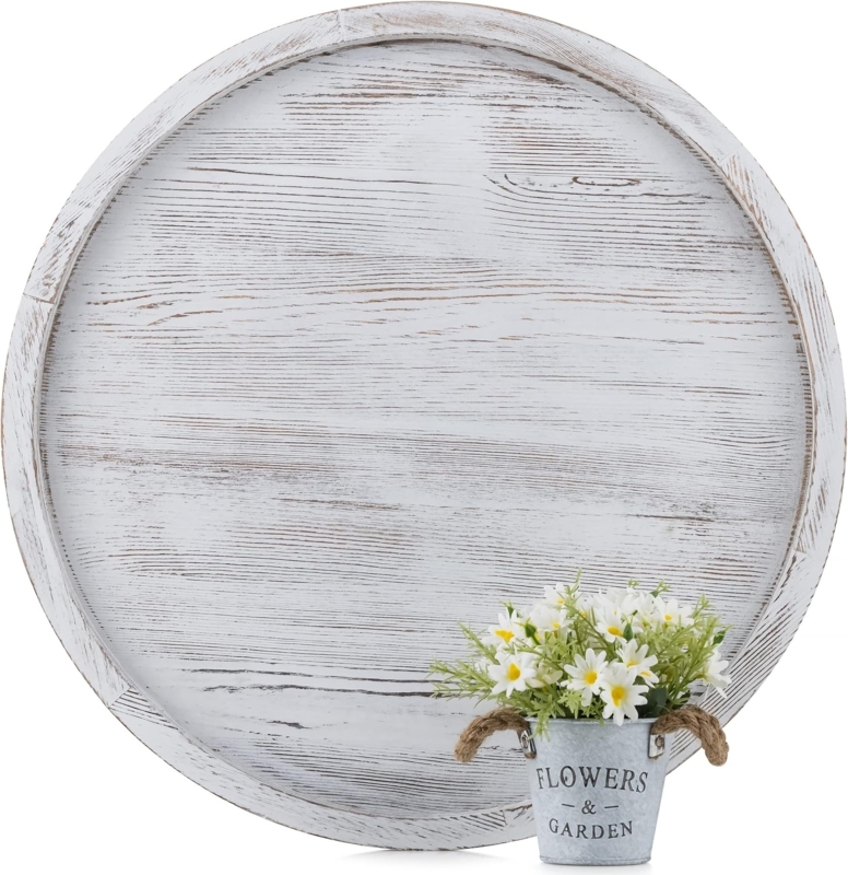 Rustic Whitewashed Round Wooden Ottoman Tray