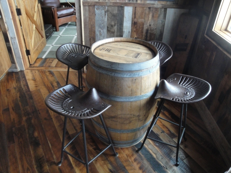 Rustic Wine Barrel Table with Metal Bar Stools