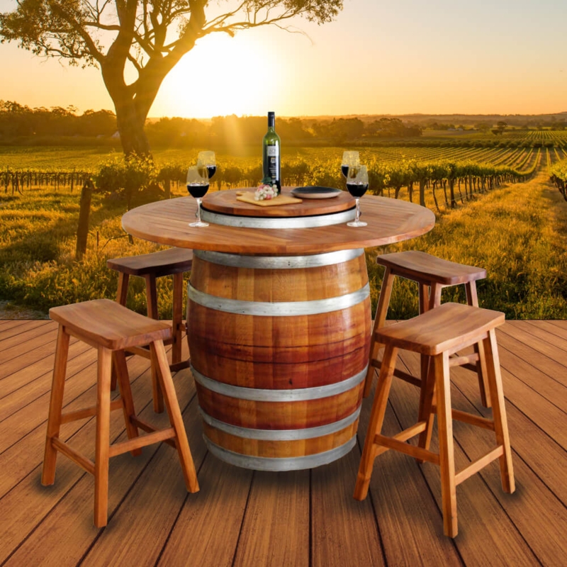 Rustic Wooden Barrel Table with Stools Outdoors
