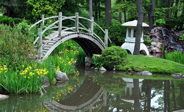 Serene Japanese-Inspired Wooden Garden Bridge Design