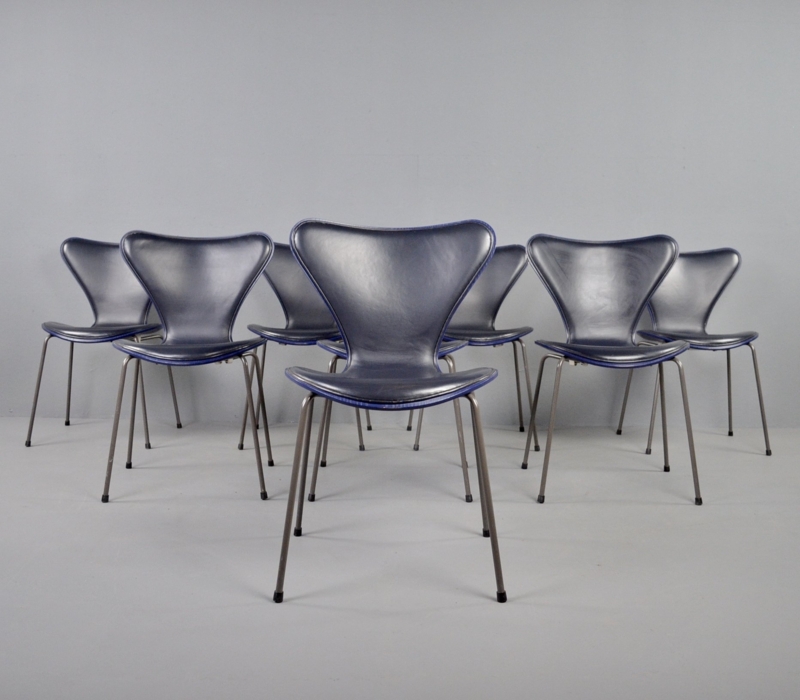 Set of 8 Fritz Hansen Blue Leather Dining Chairs