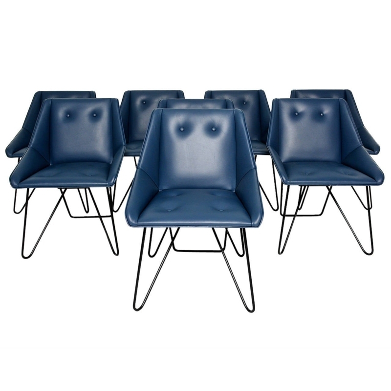 Set of Italian Blue Leather Mid-Century Chairs