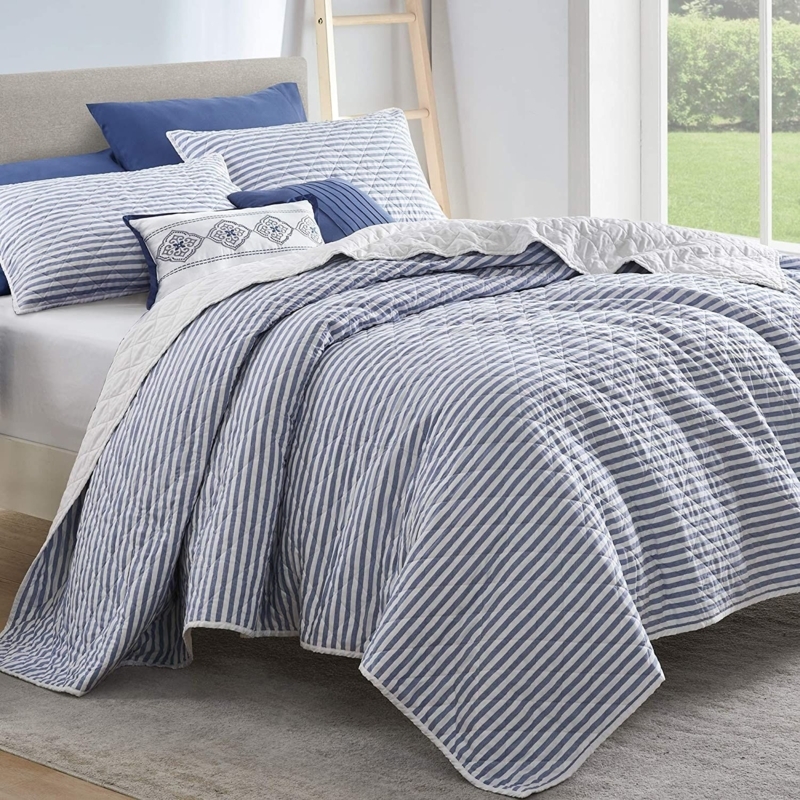 Steel Blue Striped King Size Quilt Bedding Set