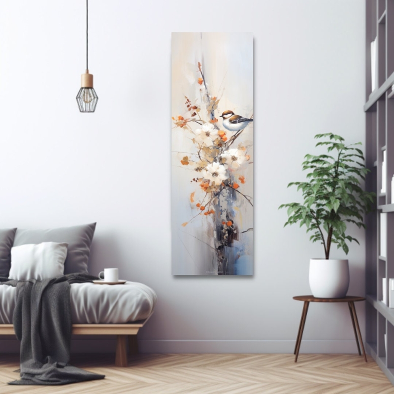 Tall Narrow Floral and Bird Canvas Wall Art Decor