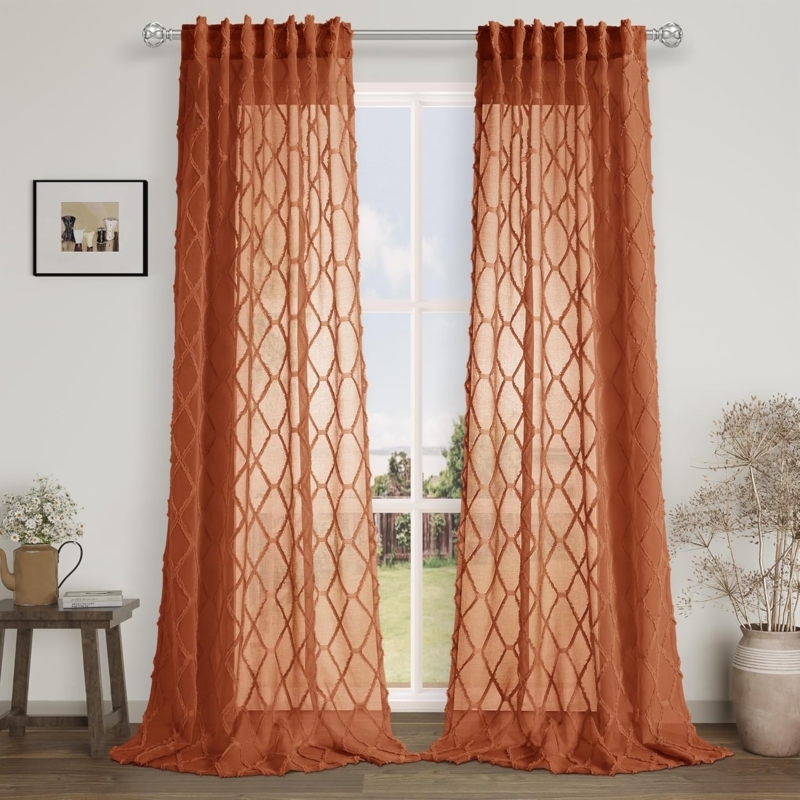 Terracotta Sheer Curtains with Textured Pattern
