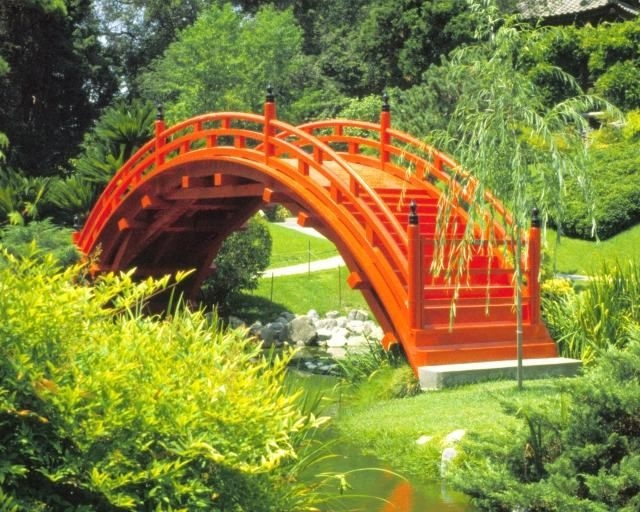 Traditional Japanese Red Wooden Garden Bridge