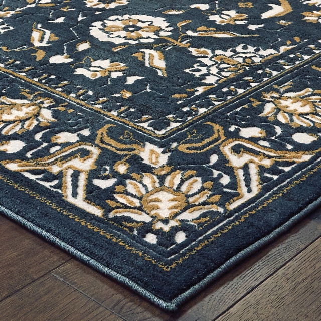 Traditional Navy and Gold Textured Floral Area Rug