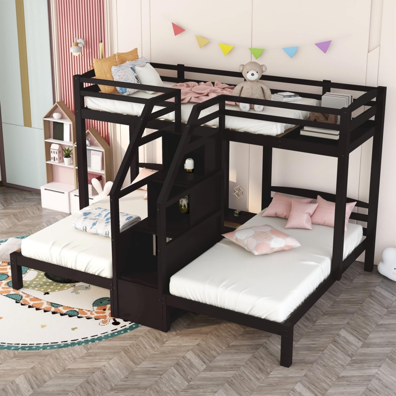 Triple Bunk Bed with Storage Staircase for Kids