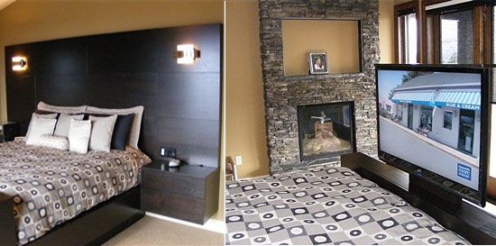 TV hidden in footboard | Tv beds, Tv stand room divider, Bed