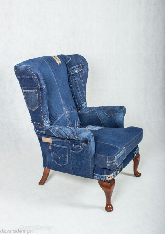 Unique Denim Jeans Wingback Armchair with Wooden Legs