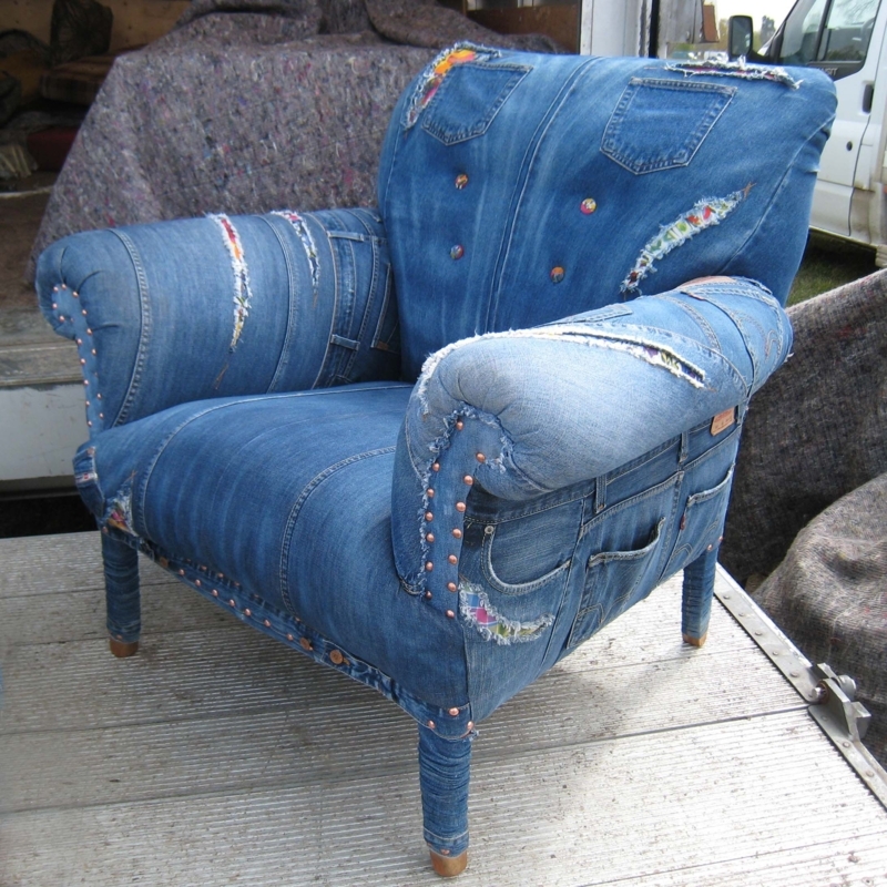 Unique Denim Upholstered Armchair with Distressed Look