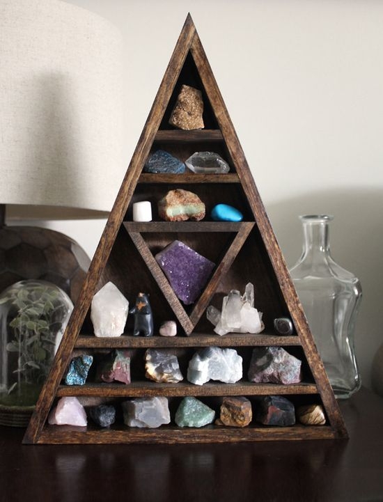 Unique Triangular Wooden Gemstone Display Shelf