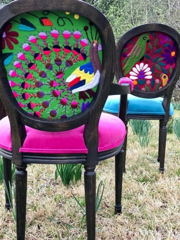 Vibrant Eclectic Boho Dining Chairs with Embroidered Backs