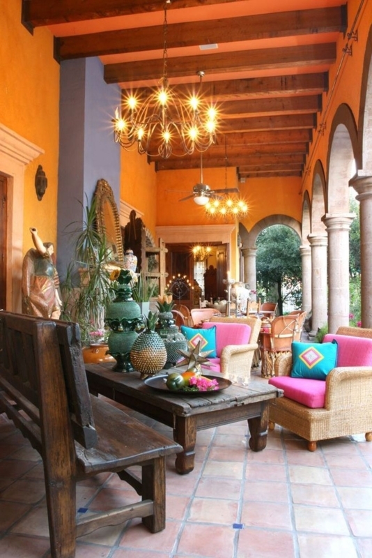 Vibrant Rustic Porch with Colorful Seating and Wooden Decor