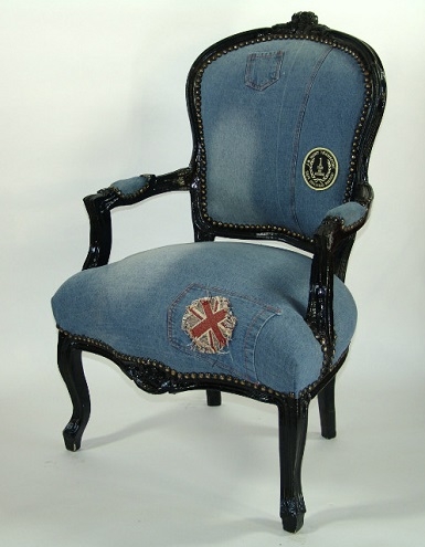 Vintage Black Frame Chair with Denim Upholstery