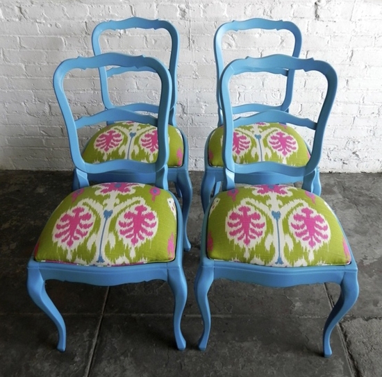 Vintage Blue Dining Chairs with Colorful Patterned Cushions