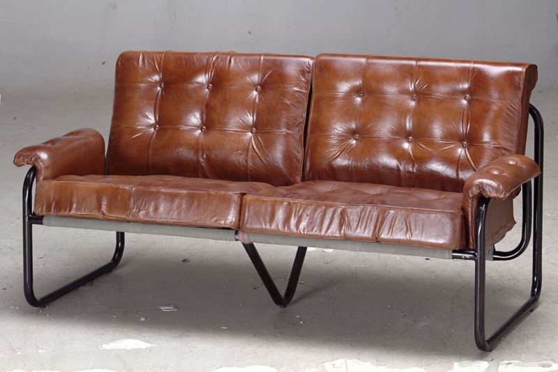 Vintage Brown Leather Sofa with Black Steel Frame