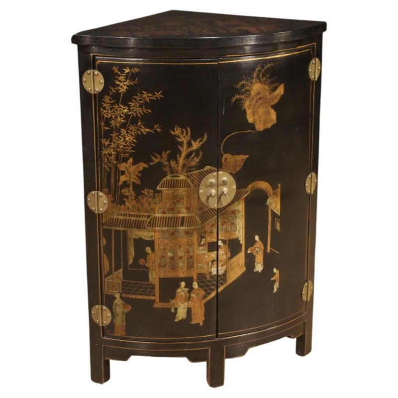 Vintage Carved Wood Corner China Cabinet with Asian Motif