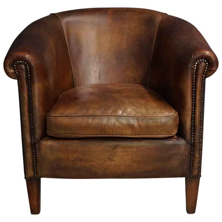 Vintage Cognac Leather Club Chair with Nailhead Trim